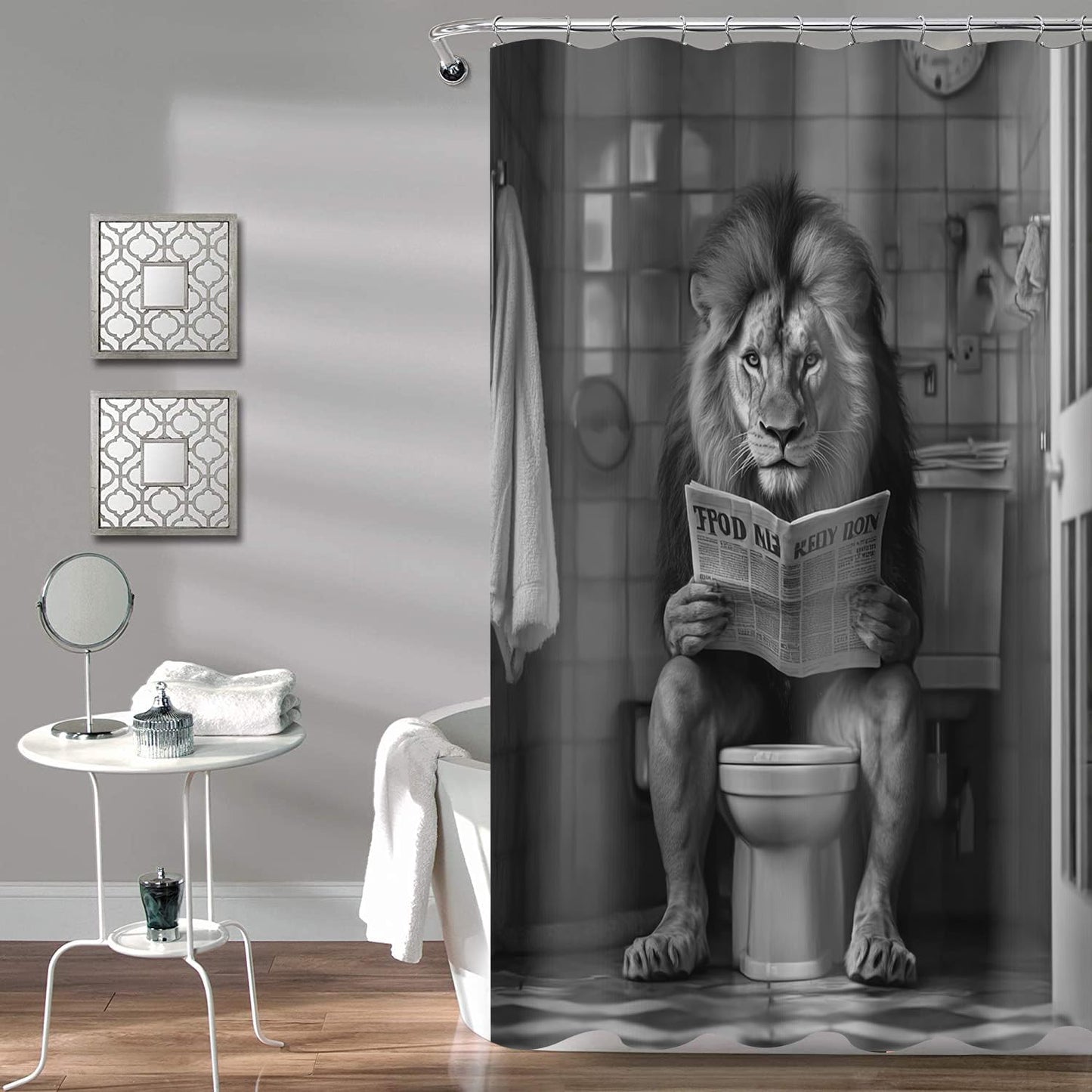 JAWO Funny Shower Curtain Farmhouse Cool Lion Shower Curtains for Bathroom Grey Humor Animal Reading on Toilet Curtains, Western Country Large Cat Bathroom Curtain Polyester Fabric Set Hooks 72X72
