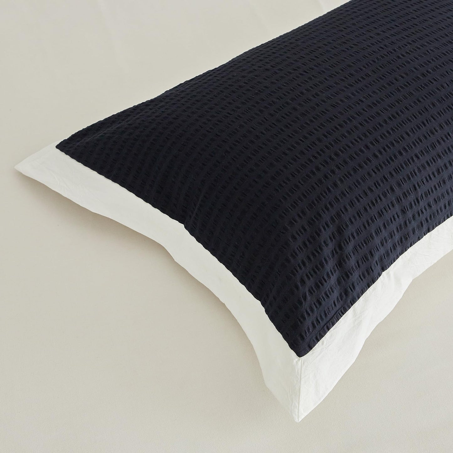 SUSYBAO Navy Seersucker Duvet Cover Queen 100% Cotton 3 Pcs Set 1 Navy Blue Textured Duvet Cover with Zipper Ties 2 Pillow Shams Washed Cotton Dark Blue White Dual Color Bedding Set Soft
