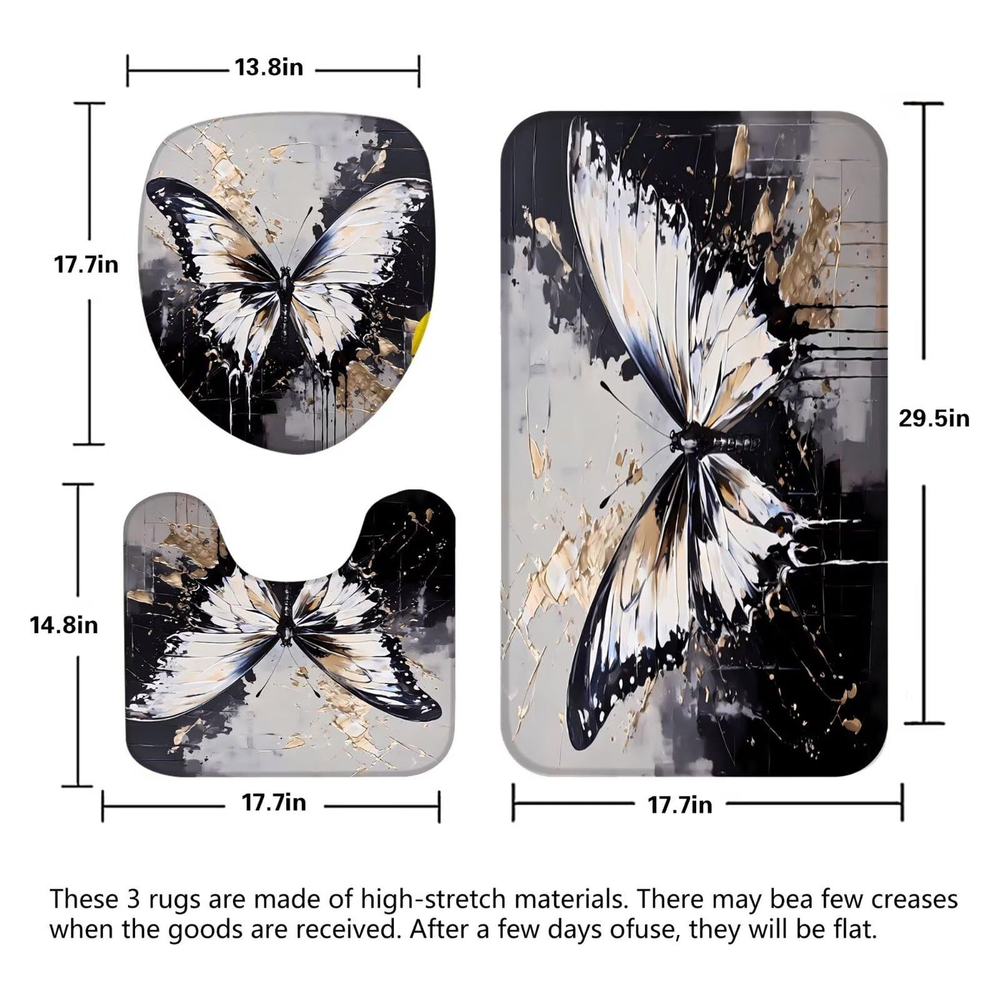 Chrainy 4pcs Black Butterfly Shower Curtain Set with Rugs Grey and Gold Bathroom Set Modern Bathroom Accessories Decor with Bath Mats,Rugs
