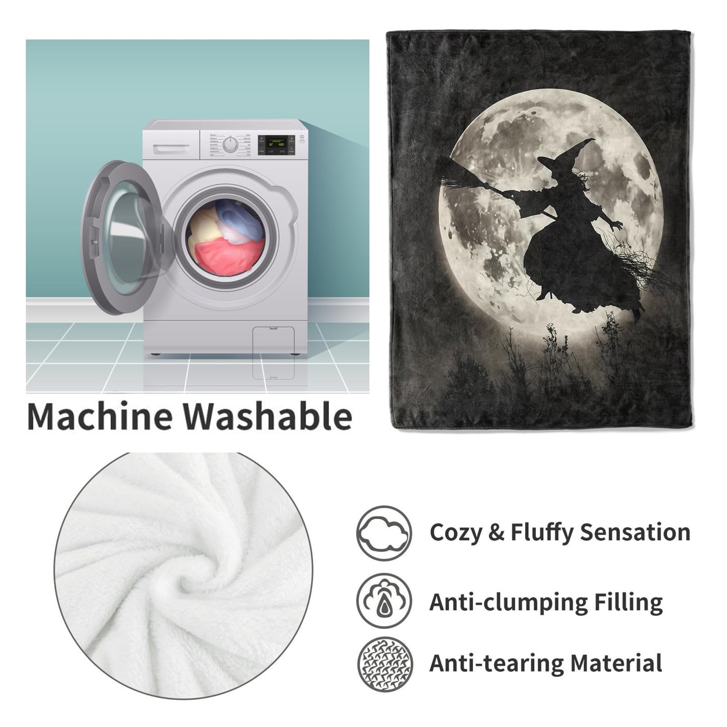 VANZEV Midnight Witch Flight Fleece Blanket Gifts, Silhouette Against Full Moon Design, Soft Throw 50x60 inches, Haunting Halloween Decor - Black and Gray