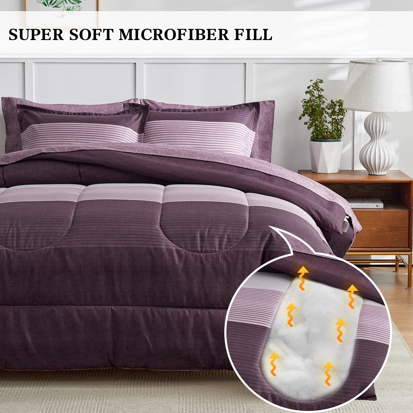 Flysheep Ombre Striped Bed in a Bag 7 Pieces Queen Size, Purple and Grey Stripes Comforter Sheet Set (1 Comforter, 1 Flat Sheet, 1 Fitted Sheet, 2 Pillow Shams, 2 Pillowcases)