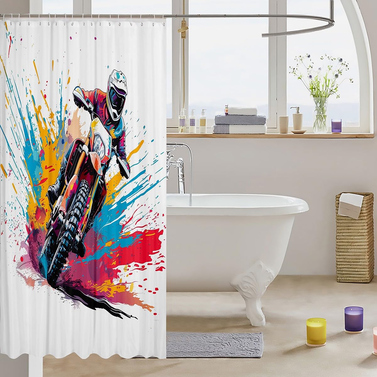 Feelyou Dirt Bike Shower Curtain 72"x72" Motorbike Bath Curtain Waterproof Racing Motocross Rider Bathroom Shower Curtain Set for Kids Boys Girls Motorcycle Kids Bathroom Accessories Racing Themed