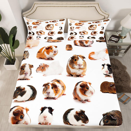 Erosebridal Guinea Pig Fitted Sheet, Kids Rodent Breeds Mouse Bedding Set Full Size, Cute Animal Pet Theme Bed Sheet for Children Boys Girls Bedroom, Lovely Guinea Pig Bed Set, White(No Top Sheet)