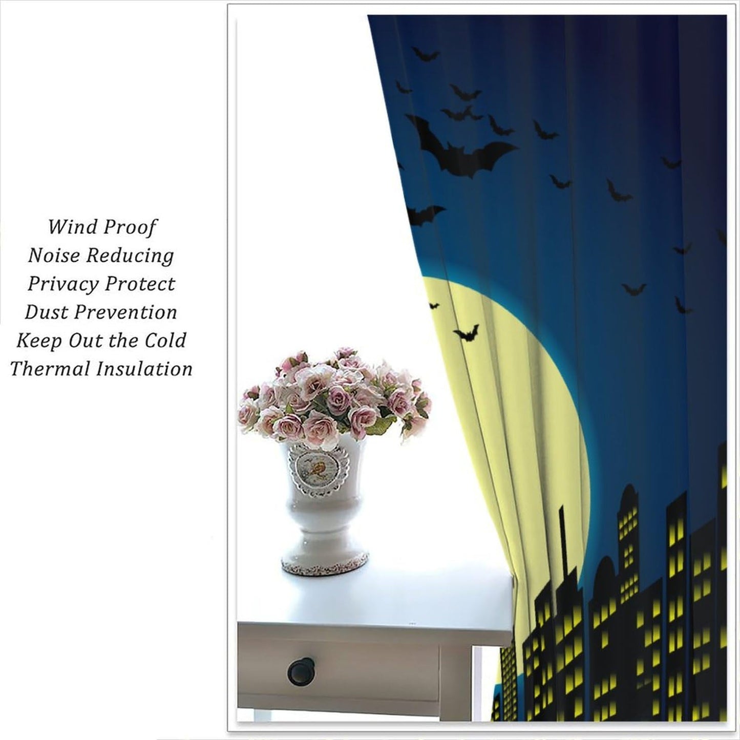 Djaby City Heroes Curtains, Night Bat Heroes Moon Cartoon City Window Treatments for Living Room Kids Boys Bedroom Home 42" W X 45" L(No Blackout)