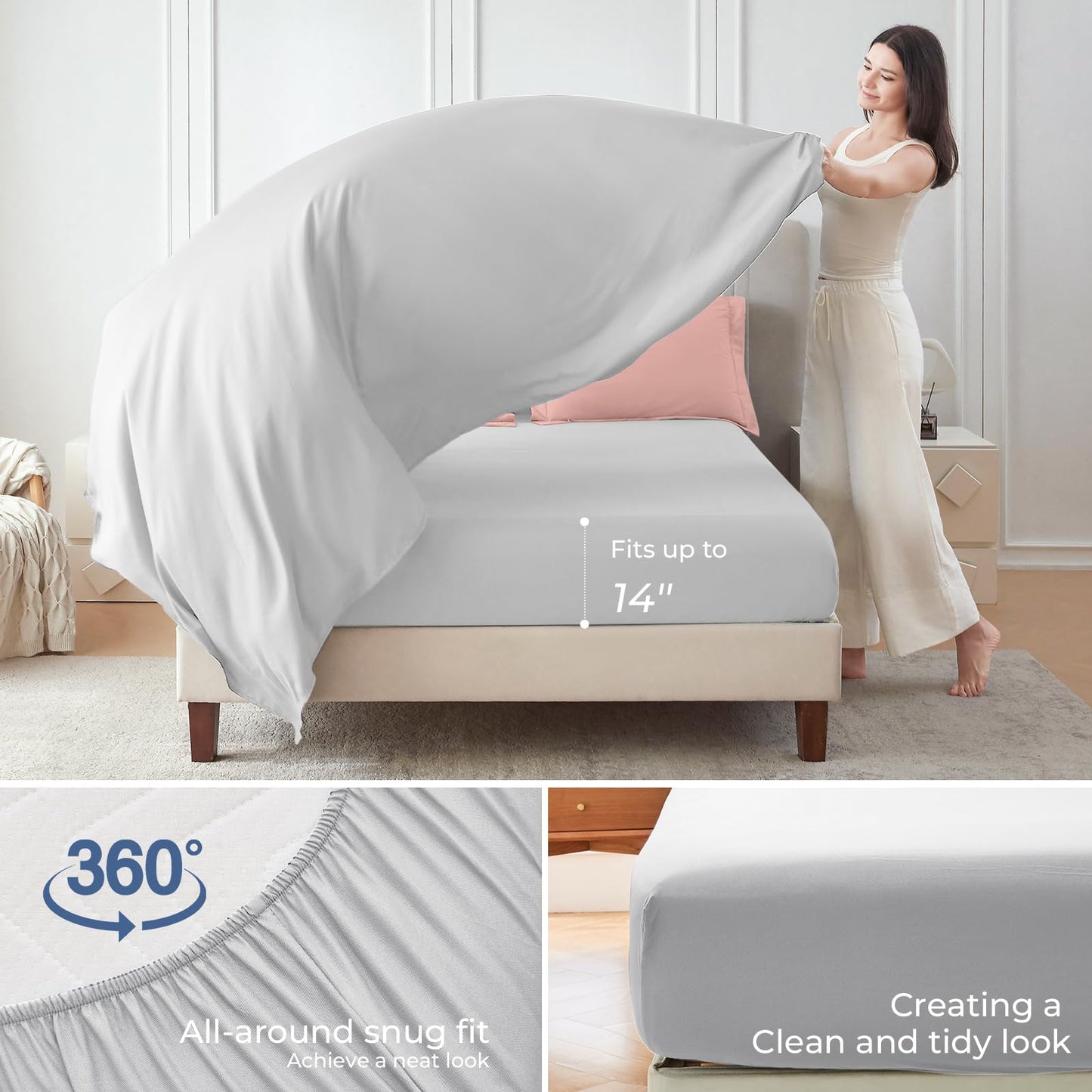 Sasttie Queen Comforter Set, 7 Pieces Reversible Bed in a Bag Queen, Complete Bedding Set Includes Comforter, Flat Sheet, Fitted Sheet, Pillowcases and Pillow Shams, Pink & Light Grey
