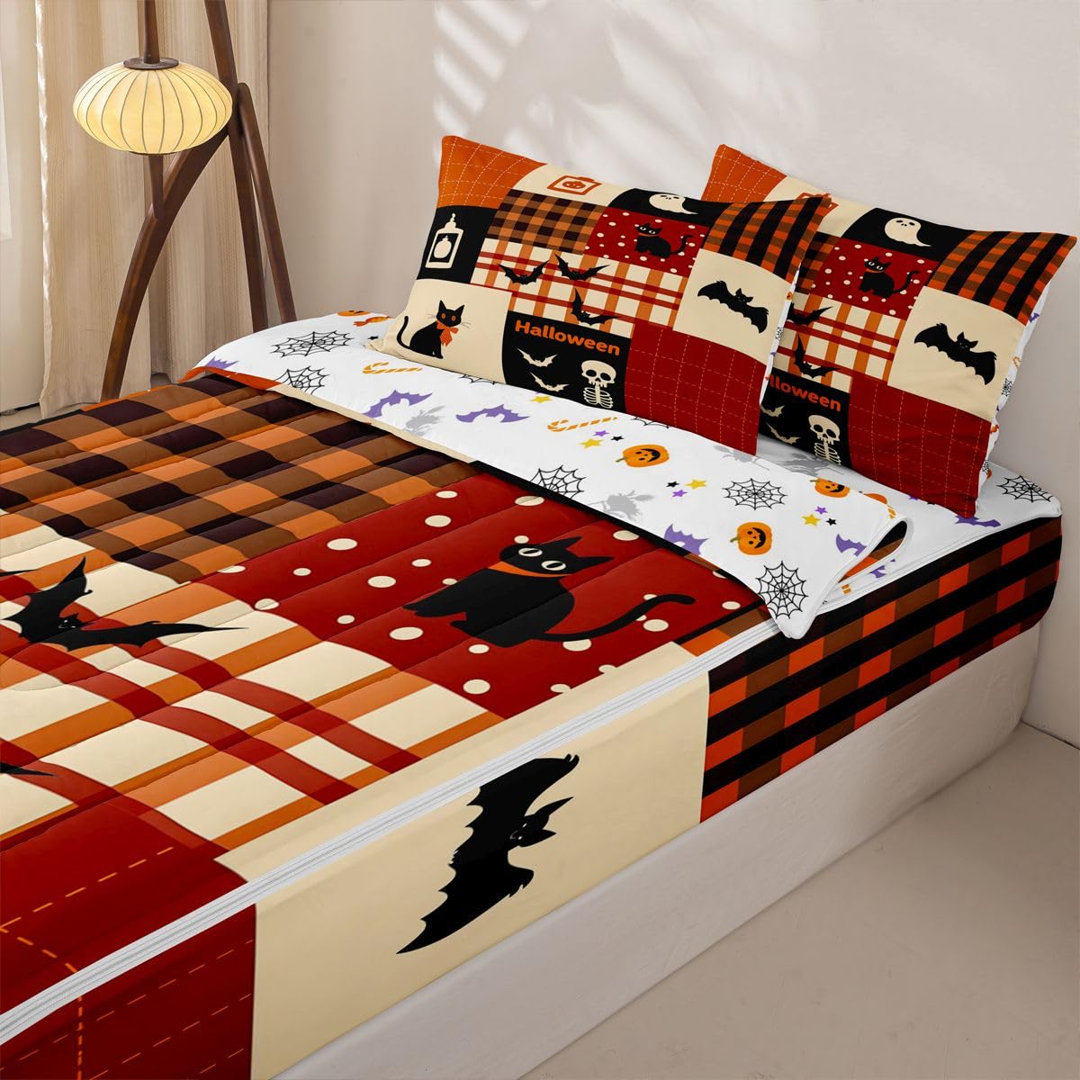 Feelyou Halloween Queen Zipper Bedding Set Pumpkin Kids Comforter Set with Fitted Sheet and 2 Pillowcases Brown Grid Patchwork Bed in a Bag Zip Up Bedding Soft Microfiber