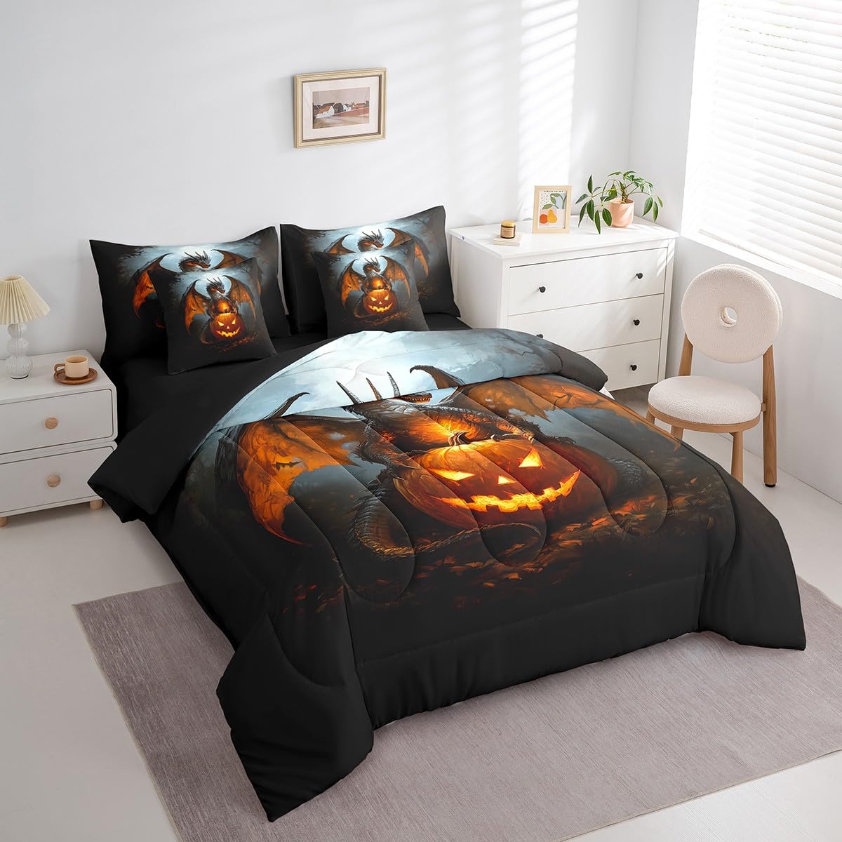 7 Pieces Halloween Pumpkin Dragon Comforter Set Queen,Moonlight Wild Animal Bed Set for Kids Boys Girls,Black Bedding(1 Comforter,1 Fitted Sheet,1 Flat Sheet,2 Pillowcases,2 Throw Pillow Cover)