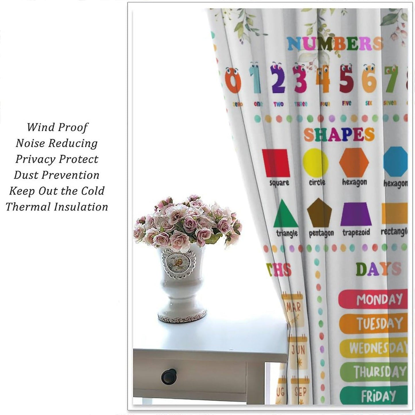 Kids Alphabets ABC Curtains,Cartoon Numeric Color Animal Nursery Eucalyptus Leaves Plant Funny School Education Window Drapes Print for Boys Girls Baby Children Toddler Bedroom 42x45in（No Blackout）