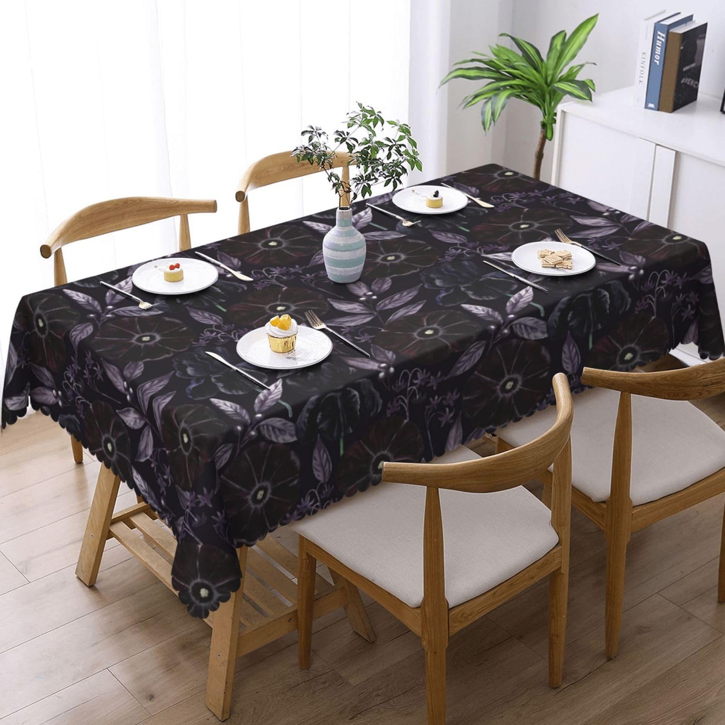 GOUROISE Floral Black Rectangular Tablecloth, Purple Flowers 54x72 Inch Wavy Lace Border Polyester Table Cloth for Dining, Kitchen, Parties