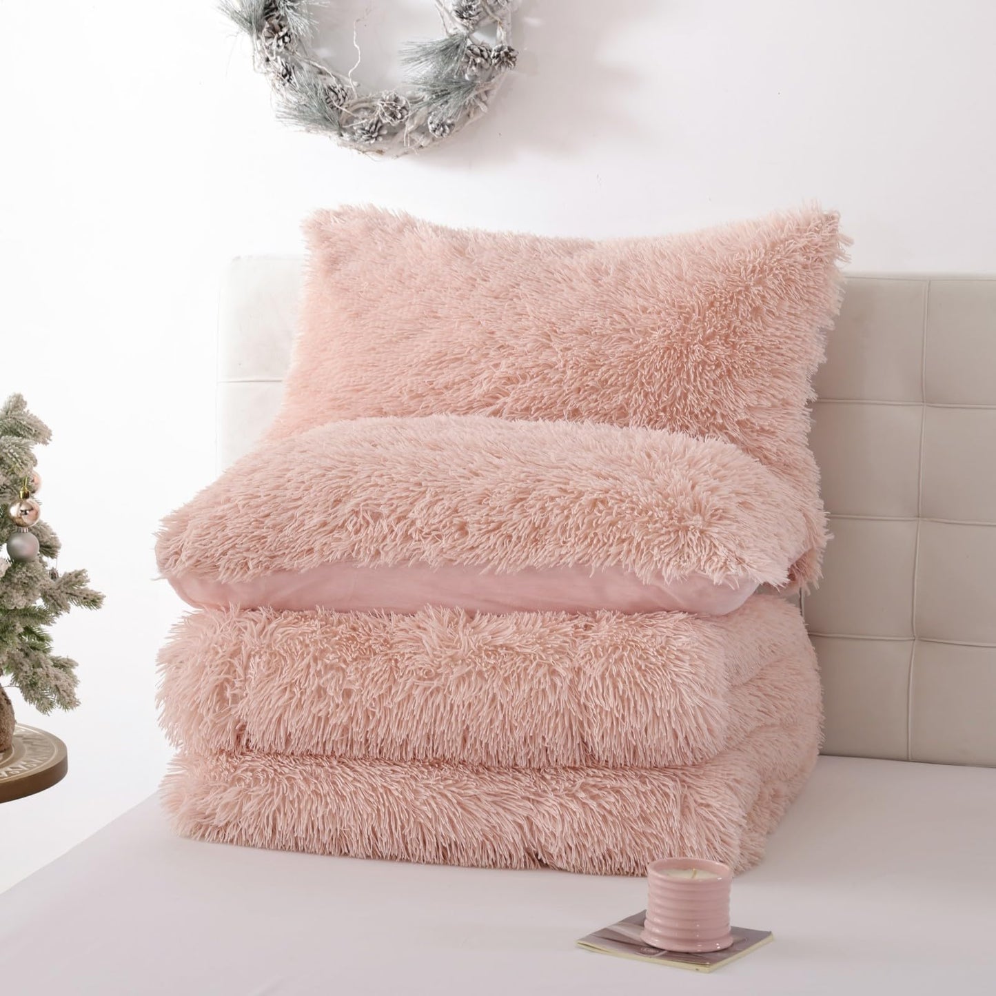 Smoofy Fluffy Queen Comforter Set, Faux Fur Pink Comforter Set Queen Size, Luxury Fuzzy Bedding Set, Soft Shaggy Bed Set Pink for All Season, 3 Pieces - 1 Comforter & 2 Pillowcases, Blush