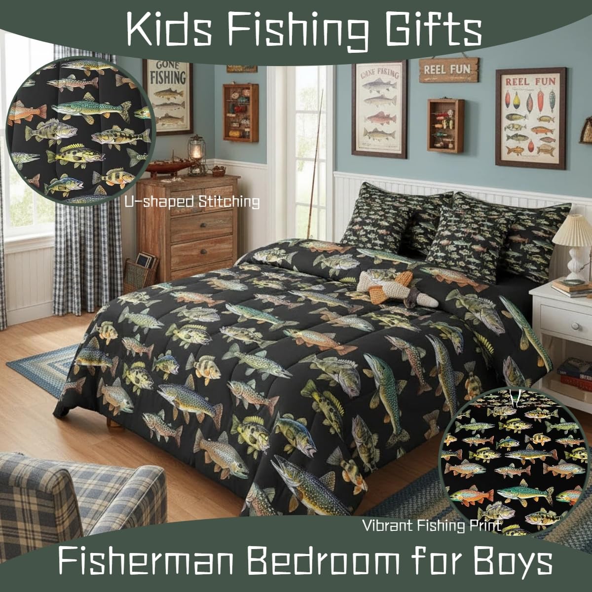 Erosebridal Kids Pike Fish 7 Pieces Comforter Set Full Size, Fishing and Hunting Bedding for Men Adults, Fishing Rustic Comforter Sets with Sheets, Animals Marine Life Bed Set Bed in a Bag