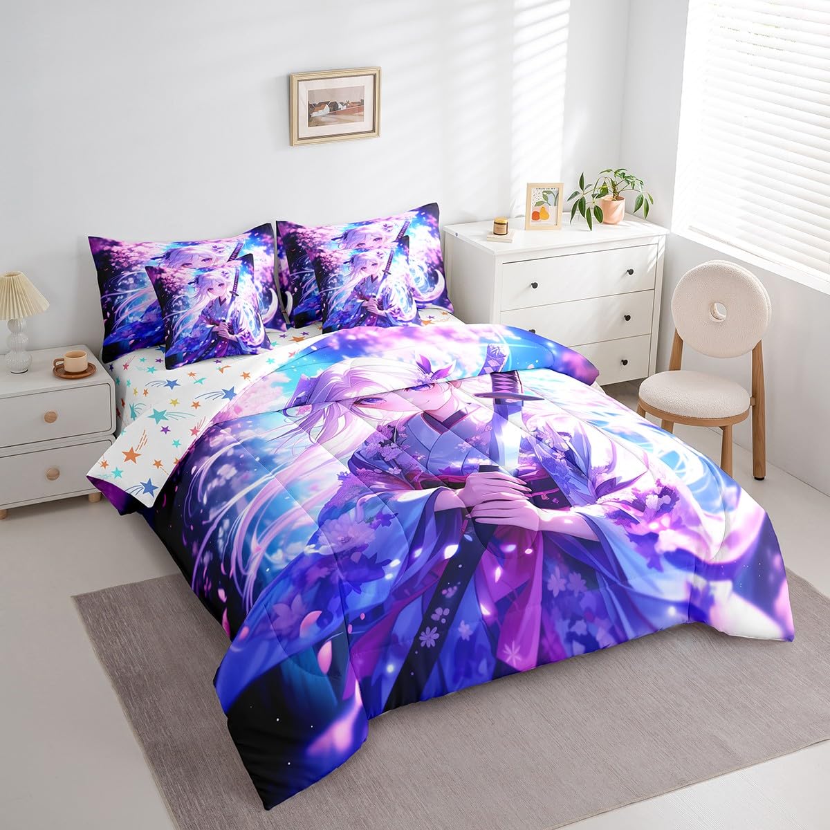 Erosebridal 7 Piece Anime Girl Full Comforter Sets for Kids, Kawaii Japanese Anime Bedding Set Cartoon Girl Bed in A Bag Sci Fi Style Japanese Animation Sheet Set for Kids Girls Teens Bedroom