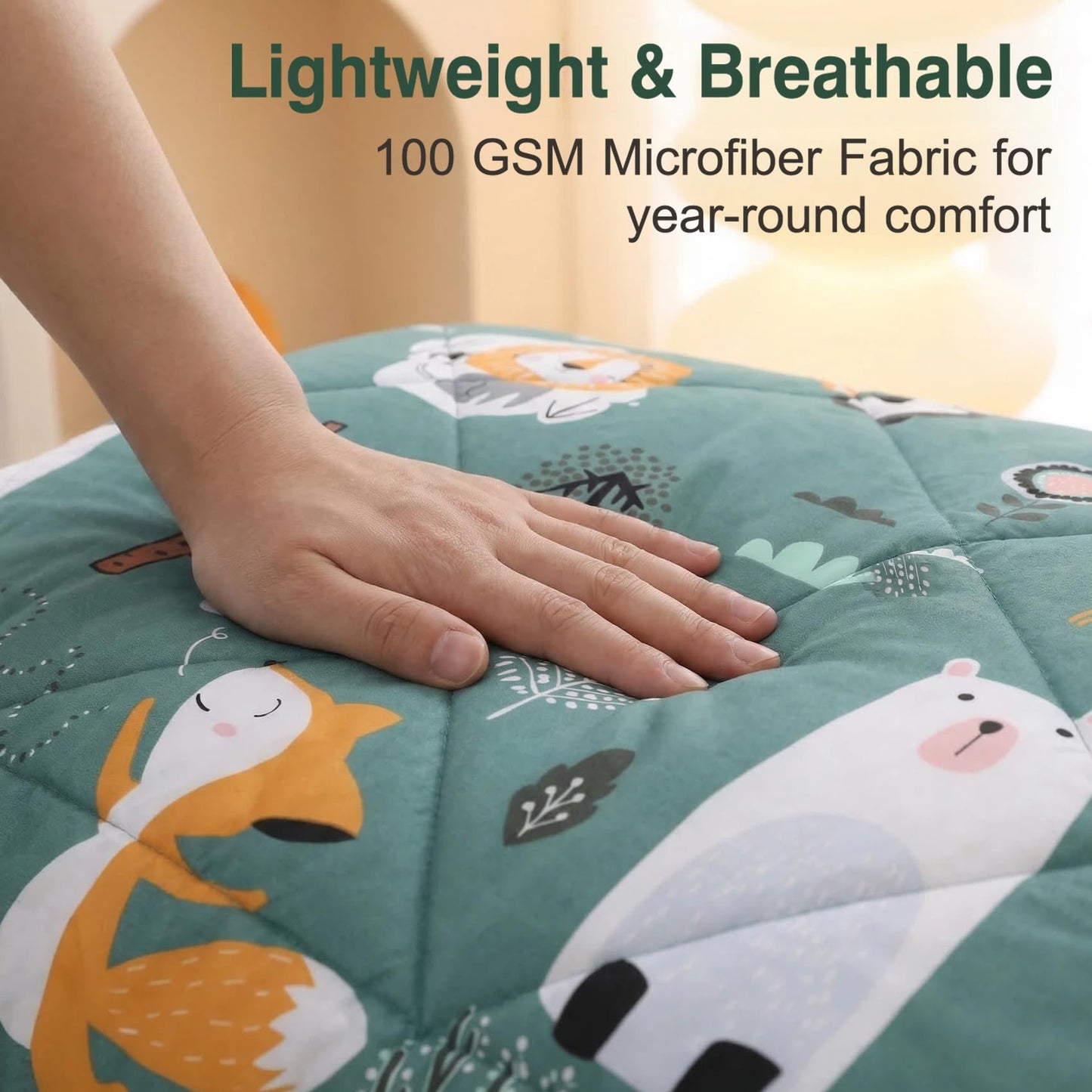 JSD Green Forest Animals Kids Comforter Set Twin Size, 2 Piece Woodland Printed Microfiber Bedding Set, Machine Washable