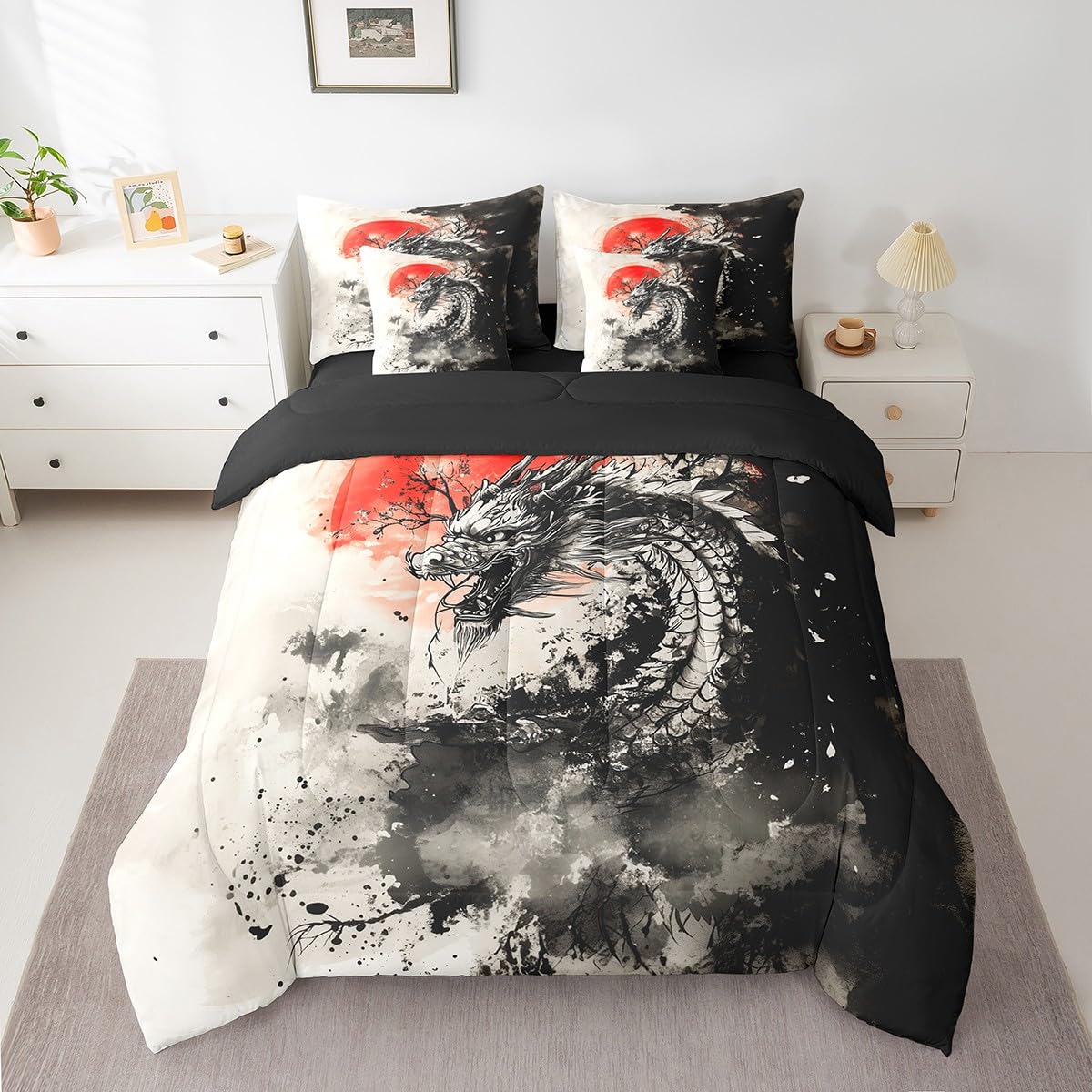 7 Pieces Ink Painting Dragon Comforter Set Queen,Japanese Style Sun Bed Set for Kids Boys Girls,Black White Red Bedding(1 Comforter,1 Fitted Sheet,1 Flat Sheet,2 Pillowcases,2 Throw Pillow Cover)
