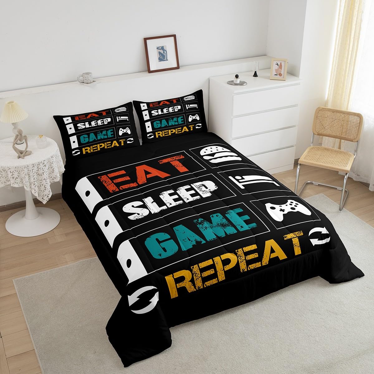 Boys Gaming Comforter Sets for Kids Twin Size Gamer Bedding Set Teens Video Games Comforter Duvet Room Decor Funny Creative Eat Sleep Game Repeat Design Reversible Inner Fill Quilt Set All Season