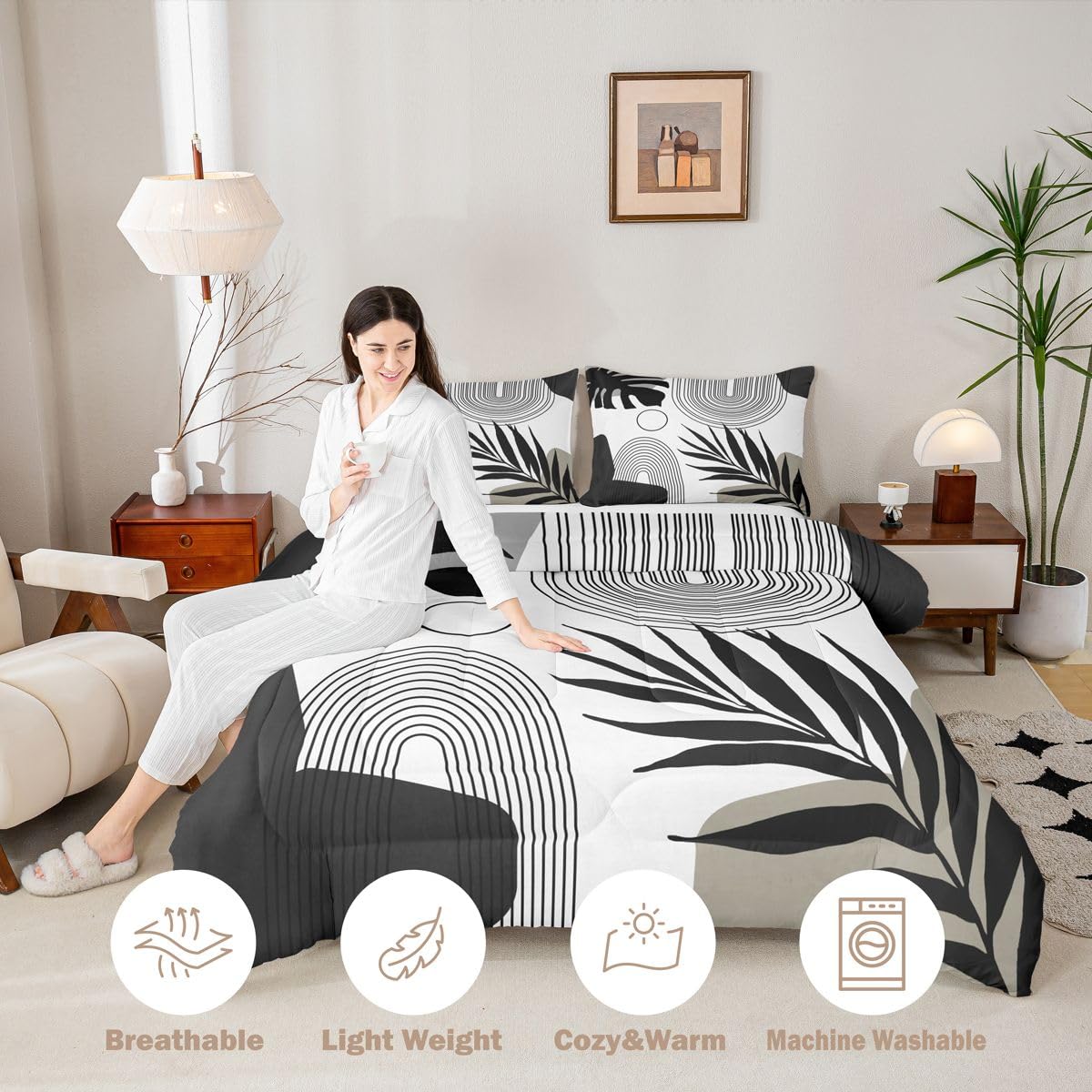 Erosebridal Boho Black White Twin Bedding Set, Mid Century Abstract Tropical Palm Leaf Comforter Set, Modern Minimalist Plant Botanical Comforter, Bohemian Geometric Art Lines Chic Duvet Insert