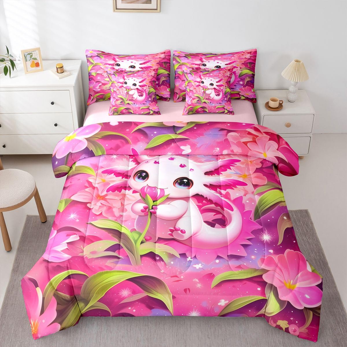 Erosebridal Kids Floral Axolotl Twin Size Bedding Set Teen Girl Cute Axolotl 7 Pieces Comforter Set with Sheets Romantic Sea of Flowers Bed in a Bag Girly Pink Sea Ocean Animal Bed Sets