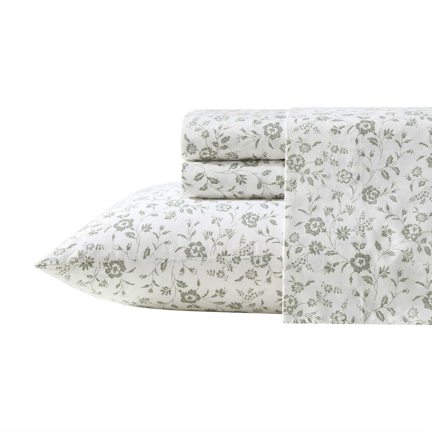 Laura Ashley - King Sheet Set, Crisp & Cool Cotton Percale Bedding with Deep Pockets, Lightweight for Year Round Comfort, Bed Sheets with Matching Pillowcases (Miranda Green)