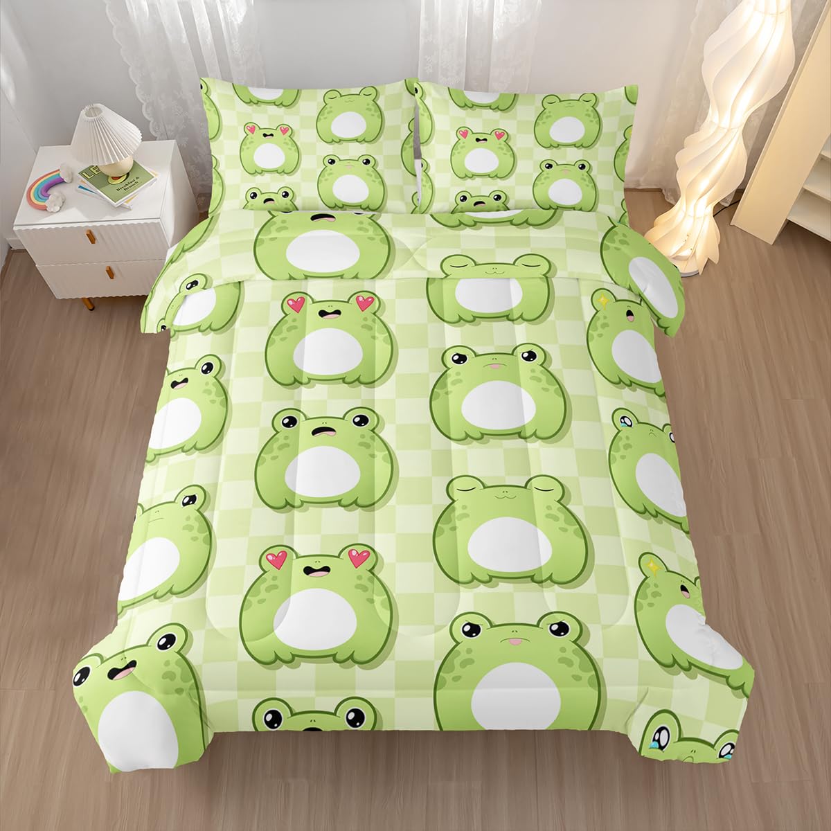 Nttopship Cartoon Frog Comforter Bedding Set with 2 Pillowcase Full Size Cute Animals Comforter Set for Kids Boys Girls Bedroom Decor