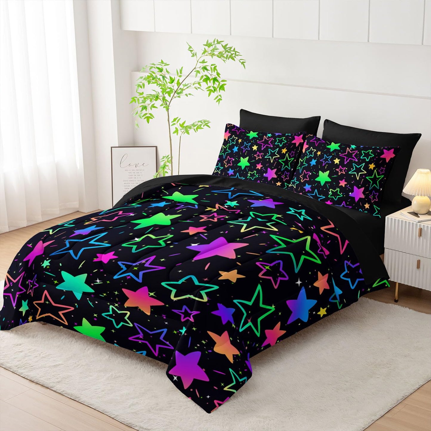Smell Sunshine 7Pcs Comforter Set Colorful Stars Printed Bedding Set with 1 Comforter, 1 Flat Sheet, 1 Fitted Sheet and 4 Pillowcases for Boys and Girls Bedroom (Stars Twin