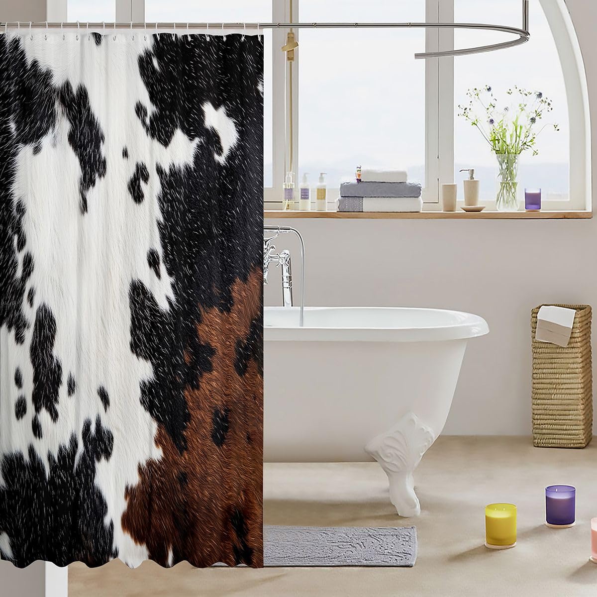 jejeloiu Cow Fur Print Shower Curtain for Bathroom Decor Cowhide Bath Curtain for Stalls Bathtubs Farmhouse Bathroom Accessories Western Farm Animal Skin Waterproof Polyester with 12 Hooks 72"x72"