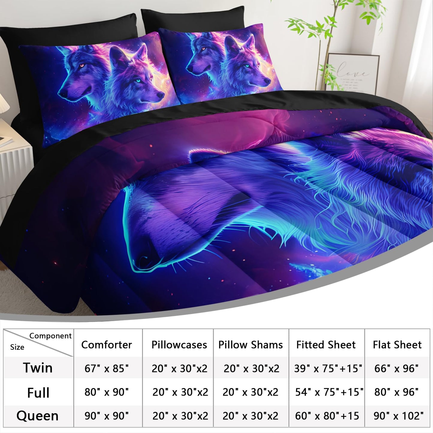 AILONEN Galaxy Wolves Comforter Set - 7Pcs Soft Twin Size Bed in a Bag - Neon Starry Wolf Comforter,Fitted Sheet,Flat Sheet,2 Pillowcases,2 Pillow Shams for Room Decor