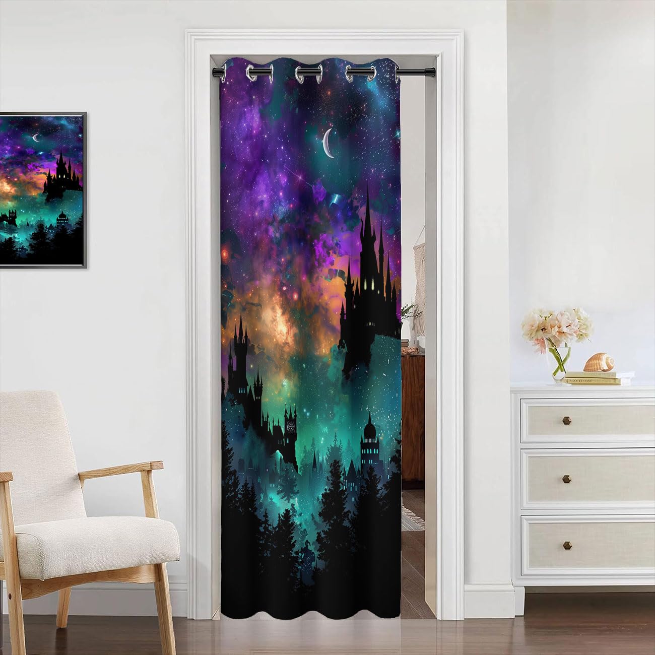 Chaohuan Starry Night Sky Doorway Curtain, Fantasy Castles Magic Enchanted Forest Closet Door Cover Curtain for Kids Boys Girls Teens Bedroom Living Room 1 Panel 34" W X 80" L