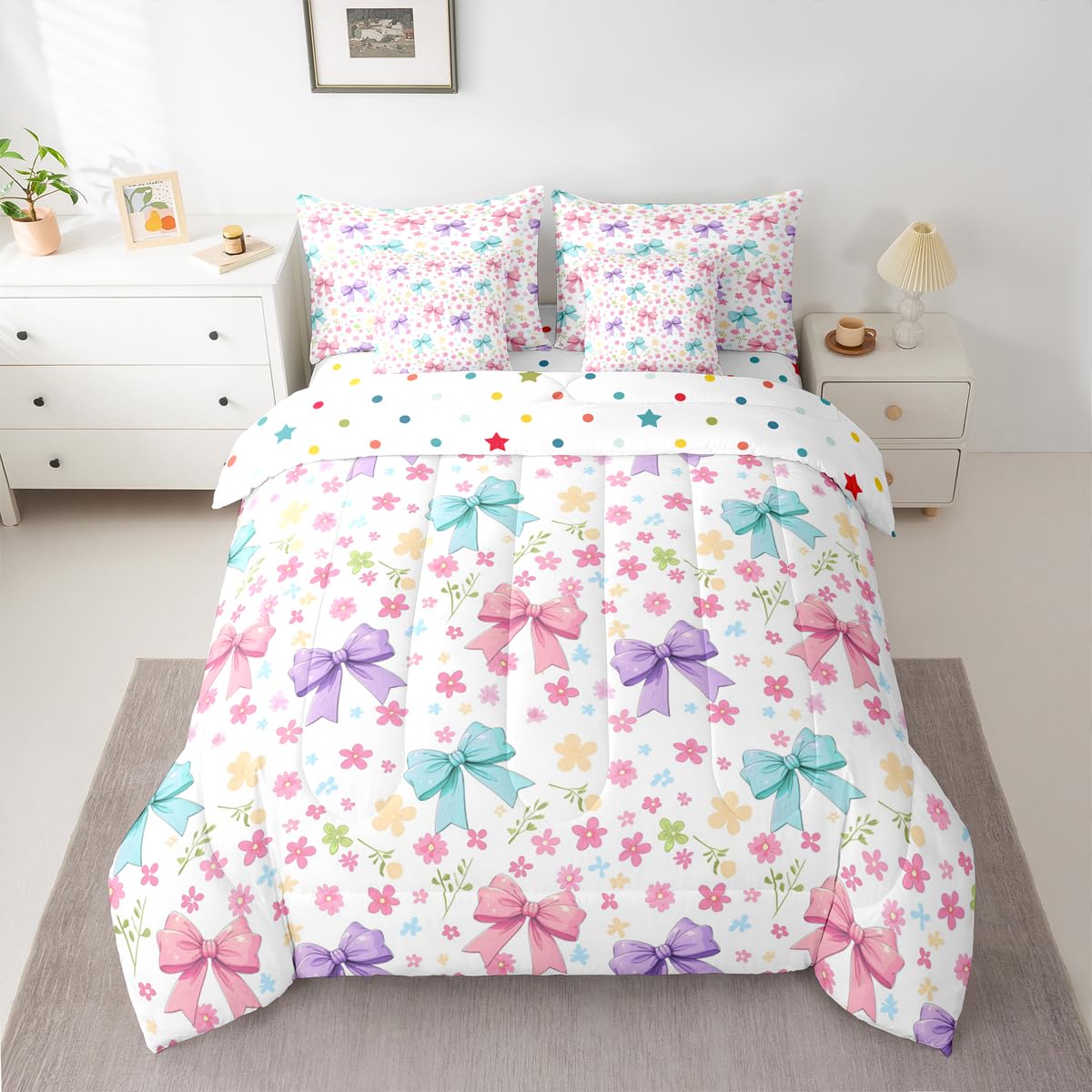 Feelyou Bow Comforter Set with Sheets 7 Piece Queen Size Floral Bed in a Bag Kids Boys Girls Cute Bedding Set Princess Style Bedroom Decor Blue Purple Pink Breathable Soft Lightweight Microfiber
