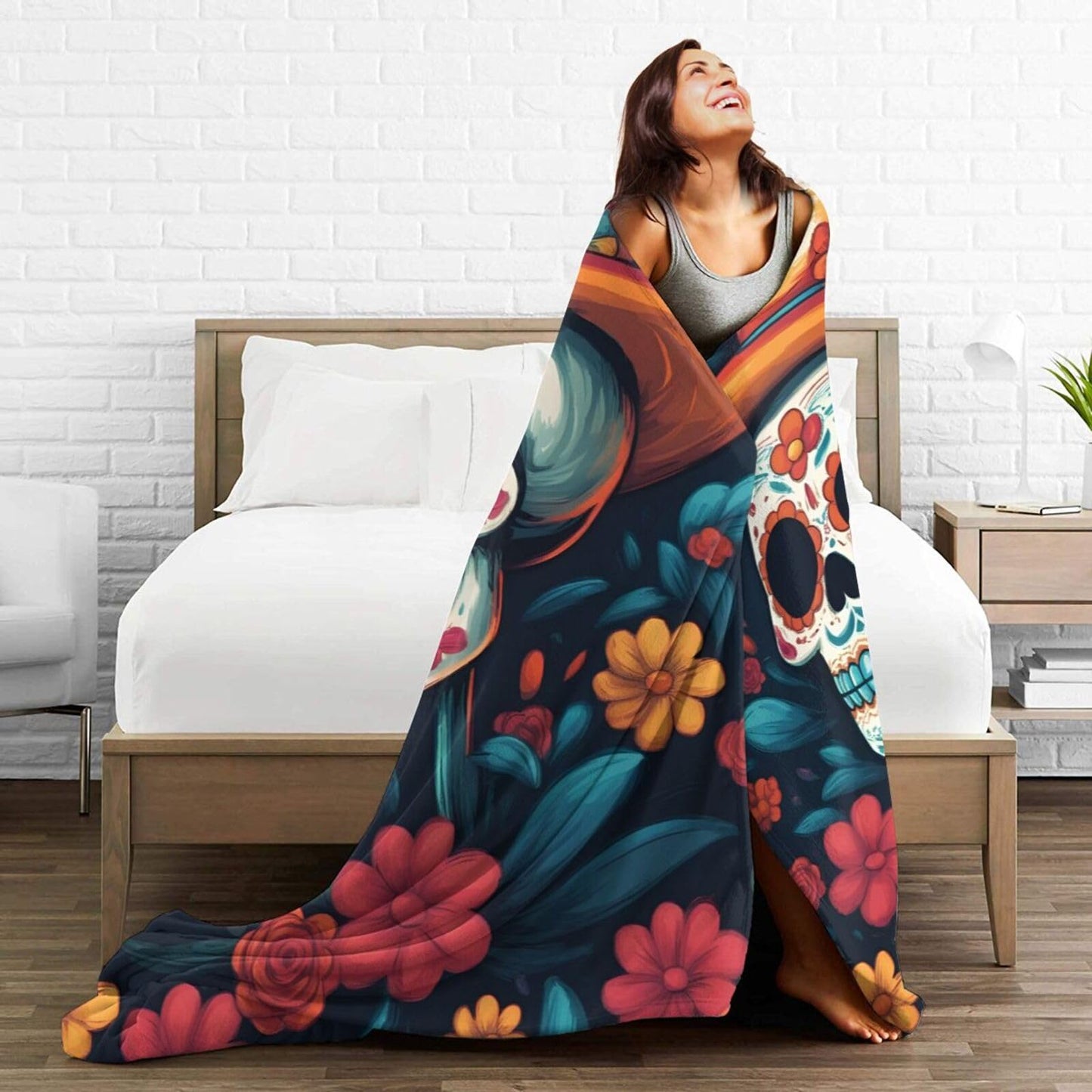 Colorful Skull and Flowers Throw Blanket Soft Lightweight Flannel Fleece Blanket 50"X40" for Bed Sofa Couch Camping Travel