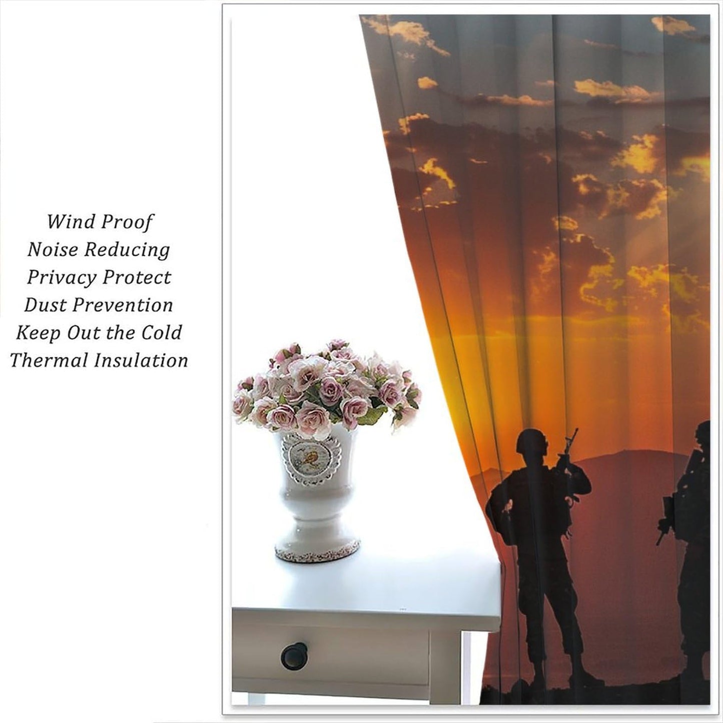 TOWINSFB Fine Military Silhouette Blackout Curtains for Living Room Bedroom, Americana Soldier Helicopter Window Curtains Rod Pocket Thermal Insulated Window Drapes, 2 Panels, Each 21" W x 63" L