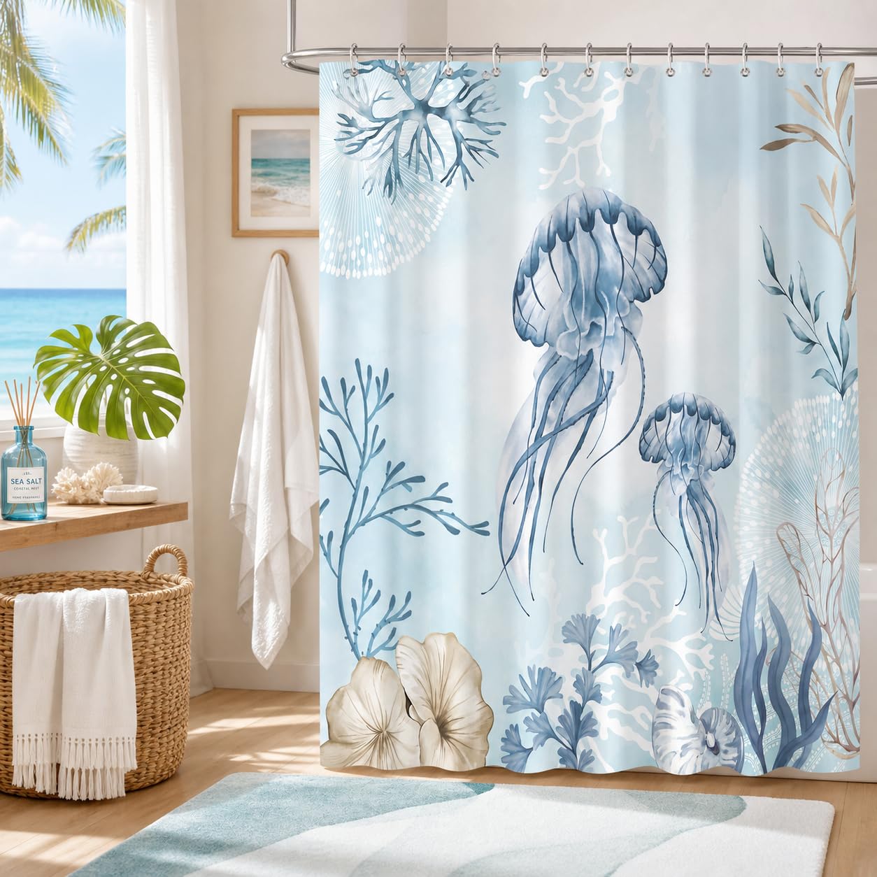 Hopomoon Jellyfish Shower Curtain,Teal Blue Coastal Shells Watercolor Ocean Theme Bathroom Curtain 72x72 Inch,Waterproof Polyester Fabric Summer Bathroom Decor with 12 Hooks