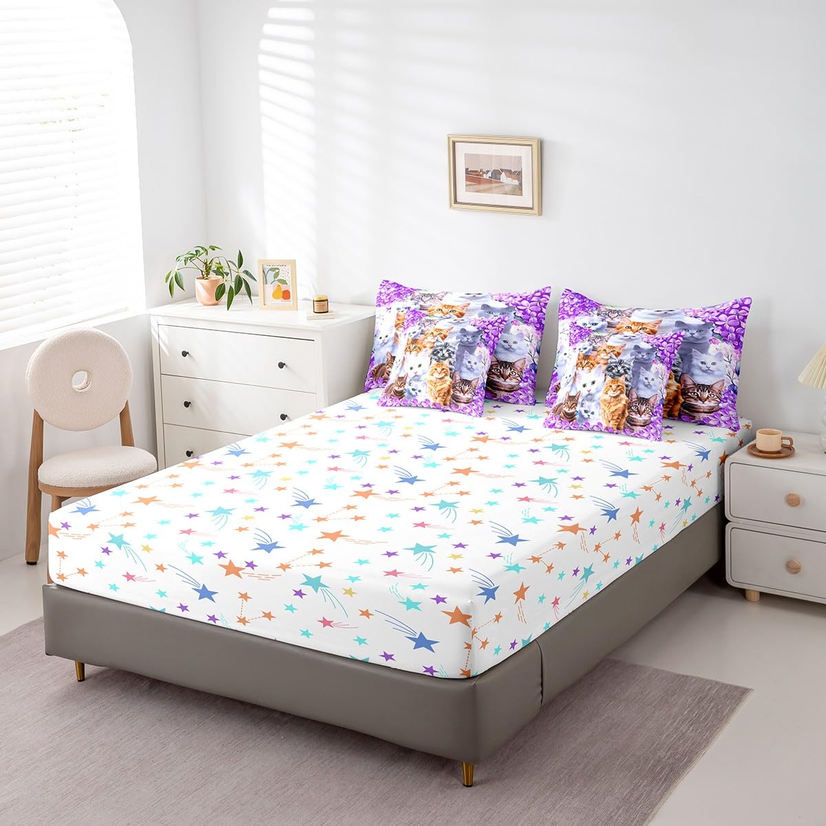 Feelyou Floral Cat 7 Piece Bedding Set with Sheets Twin Size Purple Cat Comforter Set with Sheets for Kids Teens Girls Bed Set Kawaii Animals Cute Decor Bedroom Soft and Lightweight(Reversible Stars)