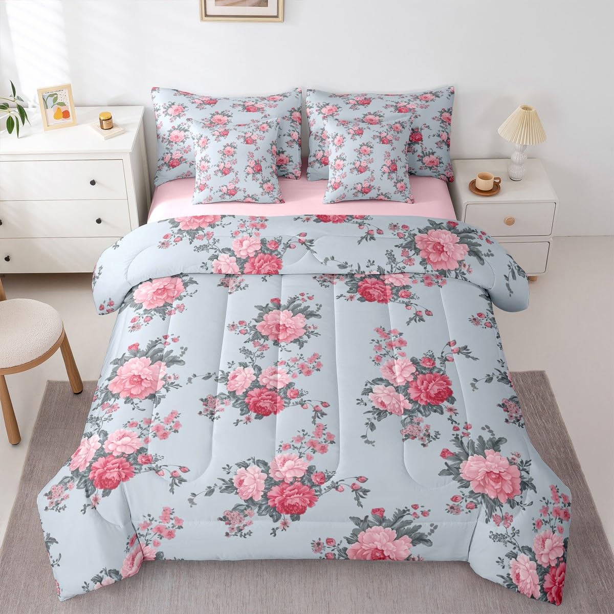 jejeloiu Flower Printed Twin Comforter Set with Sheets for Kids Boys Girls Luxury 7 Pieces Bedding Set Leaves Bed in a Bag Room Decor Soft Lightweight Microfiber