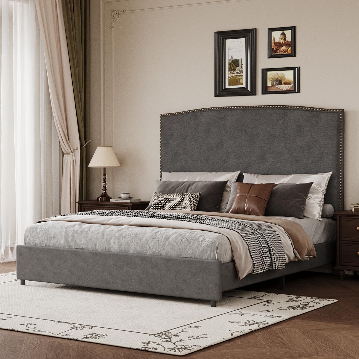 BarnFurin Queen Size Chenille Bed Frame with 56" Tall Headboard, Upholstered Platform Bed with Nailhead Trim Headboard, Soft Boucle Fabric, No Box Spring Required, Easy Assembly, Grey