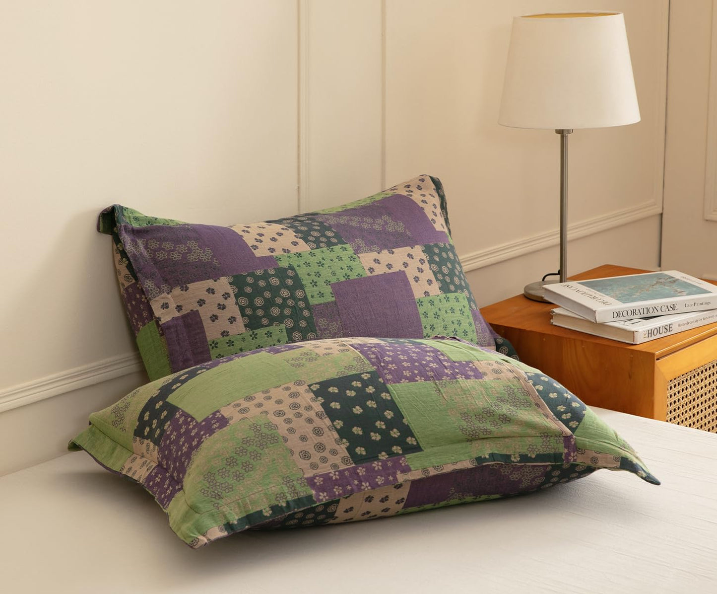 SLEEPBELLA Washed Double Layer Muslin 100% Cotton Comforter Set King Size, Purple Green Patchwork Fluffy Thick Checked Bedding Set, Soft Breathable (1 Comforter, 2 Pillow Shams)