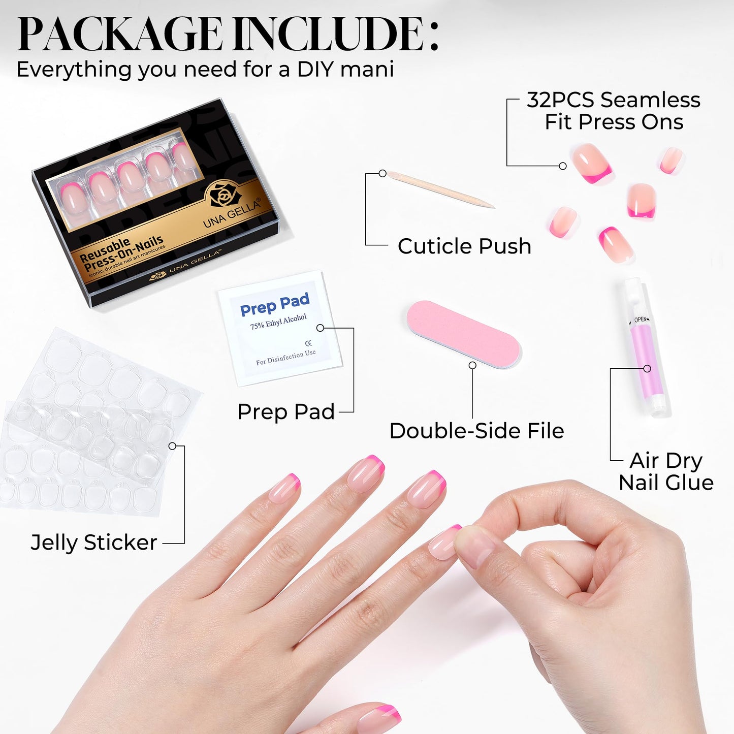 UNA GELLA 32Pcs Soft Gel Press on Nails - 16 Sizes Hot Pink French Tip Short Square Glue on Nails, Reusable Nude Pink False Nails, Full Cover Acrylic Nail Kit for Women DIY Home Manicure