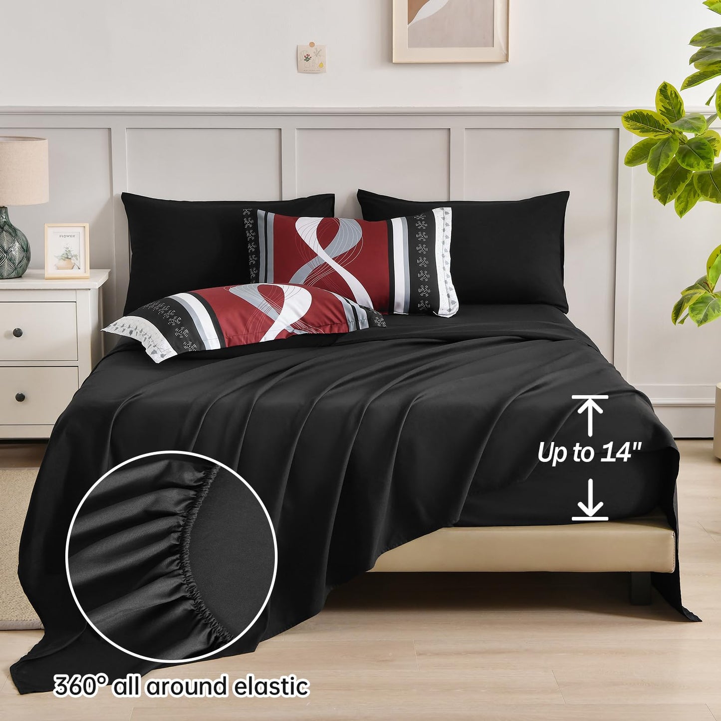 Anibedding Burgundy Comforter Set Queen Size, 8 Pieces Striped Bed in a Bag, Patchwork Comforter with Sheets Set Soft Microfiber Boho Bedding Sets(90"×90")