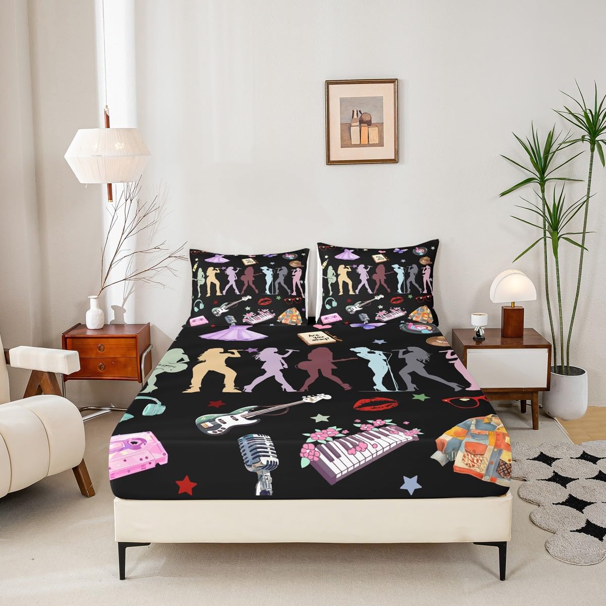 Erosebridal Music Theme Bed Sheets King Girls Singer Sheet Set for Kids Boys Girls Black Musicl Aesthetics Sheets Music Lovers Gifts Fitted Flat Sheets 4 Piece