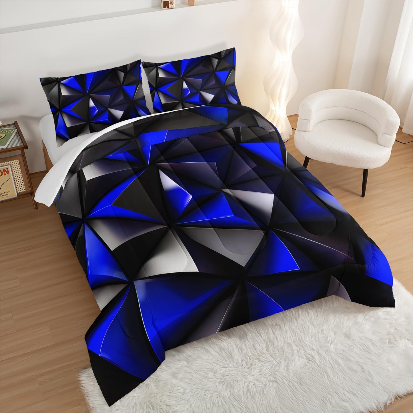UEVBF Blue and Black Bedding Set Queen Size,Geometric Pattern Comforter Set for Kids Boys Girls Geometry Room Decor,Art Aesthetic Bedding with 2 Pillowcases.