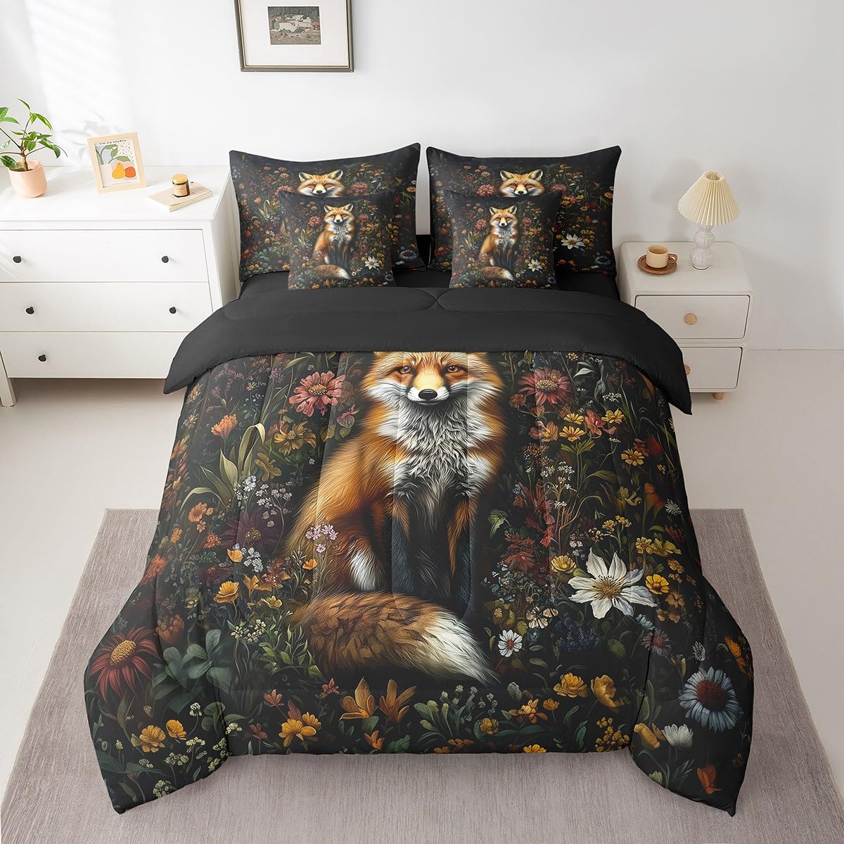 Erosebridal Fox Comforter Set King Size,Cartoon Zoo Animal Bedding Set for Kids Teens,Oil Art Garden Floral (Comforter+Fitted+Flat Sheet+2 Pillowcases+2 Throw Pillow Covers) 7 Pieces Bed Set
