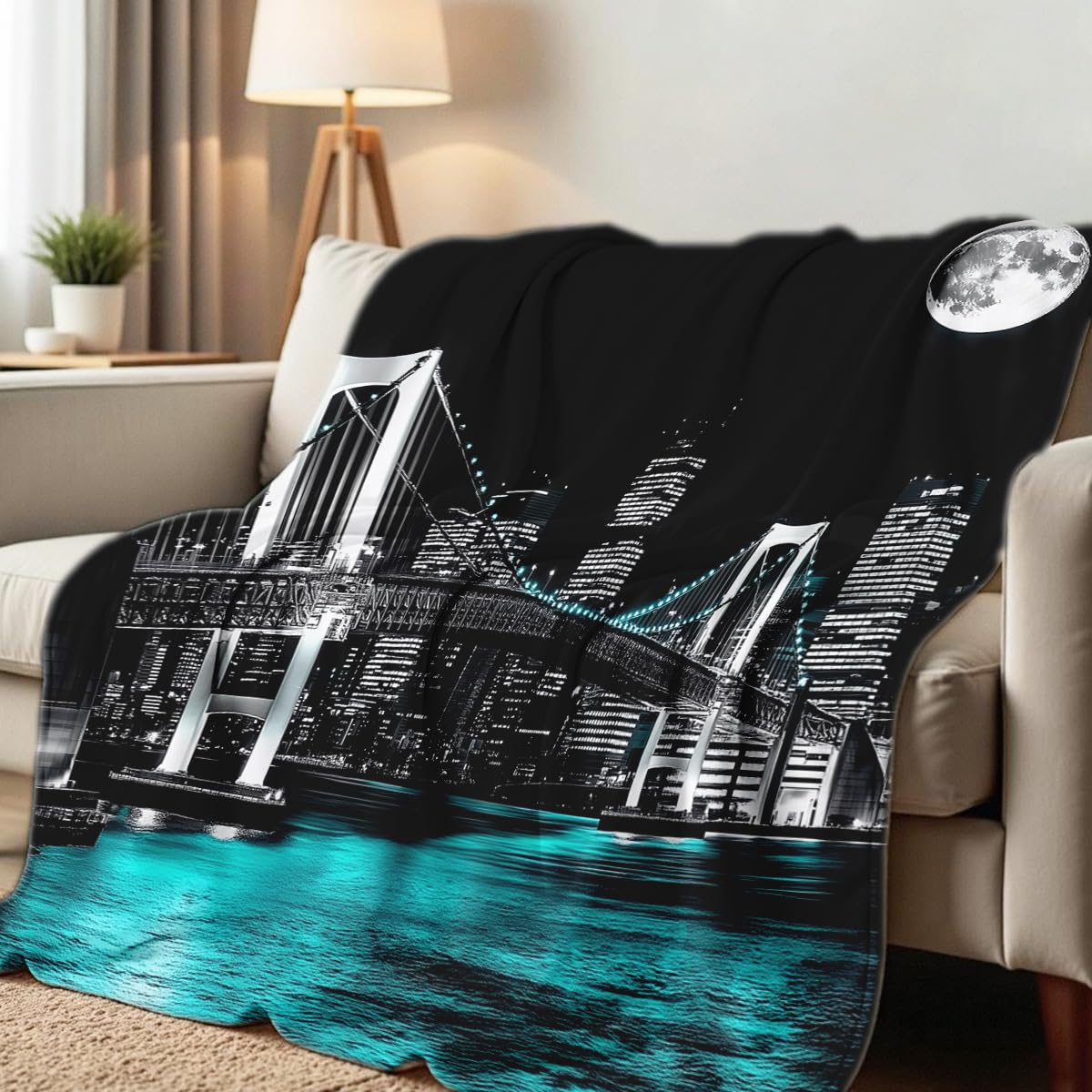 HUNXIAOJ New York City Building Blanket for Bed Couch Cityscape Blanket Throw Black White Teal Decor Flannel Prints Bedding Home Decor (49"x59")
