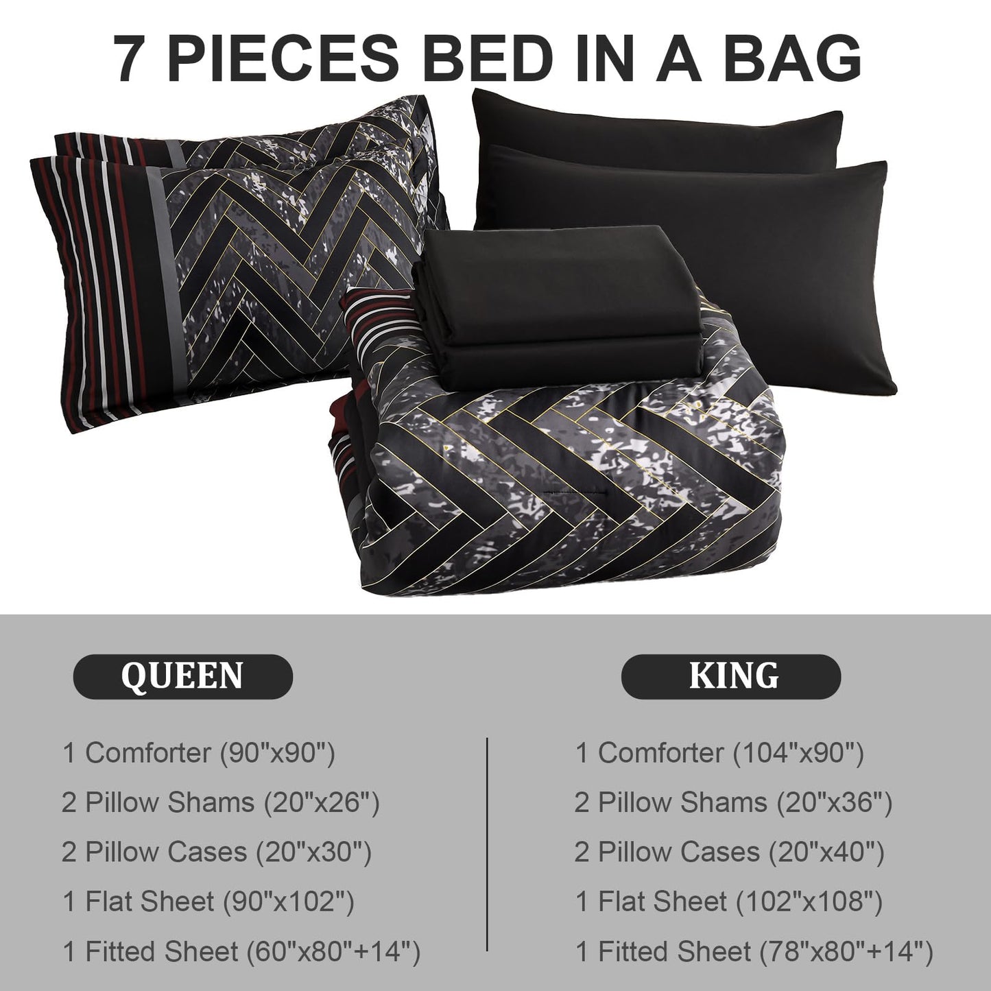 Luxudecor Black and Red Comforter Set Queen Size, 7 Pieces Stripe Geometric Bed in a Bag, Marble Comforter and Sheet Set, Soft Microfiber Complete Bedding Sets for All Seasons