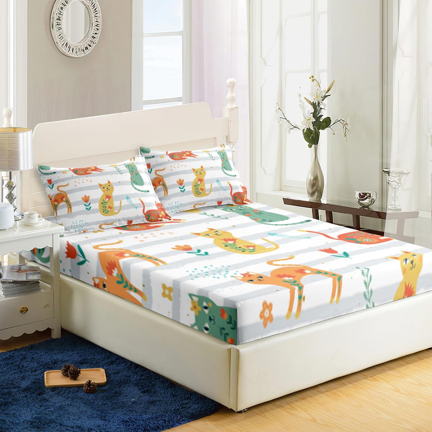 AILONEN Cat Bed Sheet Twin XL Size, Green Orange Flowers Cat Sheets 3 Pieces Set Grey White Printing Bedding Set for Kids Girls Bedroom Decor Breathable Fitted Sheet and 2 Pillowcases