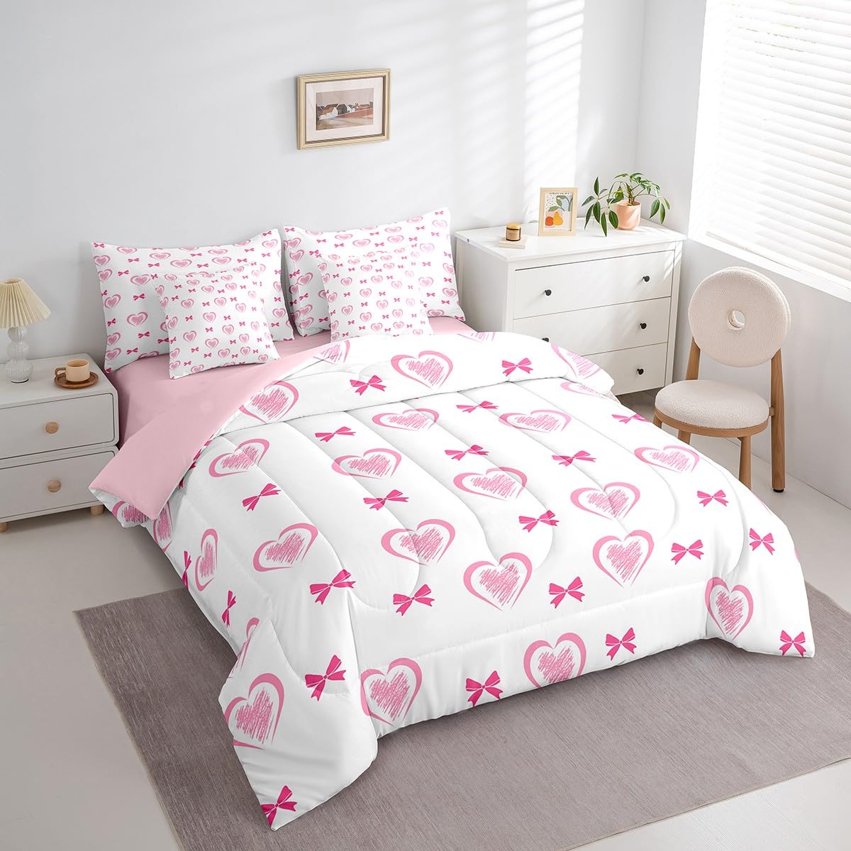 Erosebridal 7 Piece Heart Pattern King Bedding Set,Kawaii Pink Bowknot Kids Comforter Set for Girls Boys,Valentine Bow Love Heart Shaped Sheet Set,Dreamy Princess Style Reversible Bed in a Bag
