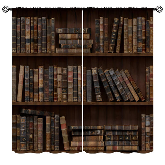 Nsbul Vintage Bookshelf Curtains, Retro Library Books Bookcase Mid Century Window Drapes for Study Bedroom Living Room Office Home Decor, 42" W X 45" L(No Blackout)