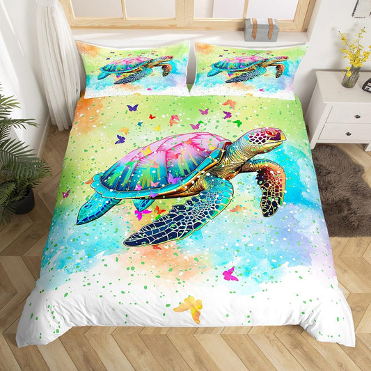 Castle Fairy Sea Turtle Duvet Cover Set Twin Size,Watercolor Tortoise Butterfly Comforter Cover for Kids Boys Bedroom Xmas Gift,Girly Dreaming Style Bedding Set with 1 Pillowcase Bedspread