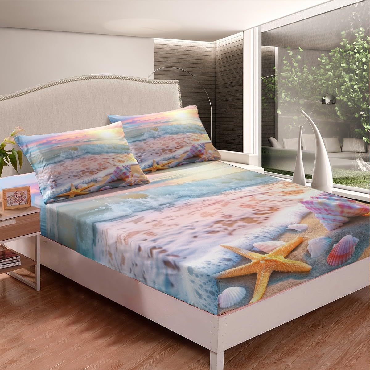 jejeloiu Pink Beach Theme Fitted Sheet Full Size Kids Summer Sea Ocean Sunset Bed Sheets Set for Boys Girls Teens Wave Coastal Starfish Seashell Natural Scenery Bedding Set Room Decor