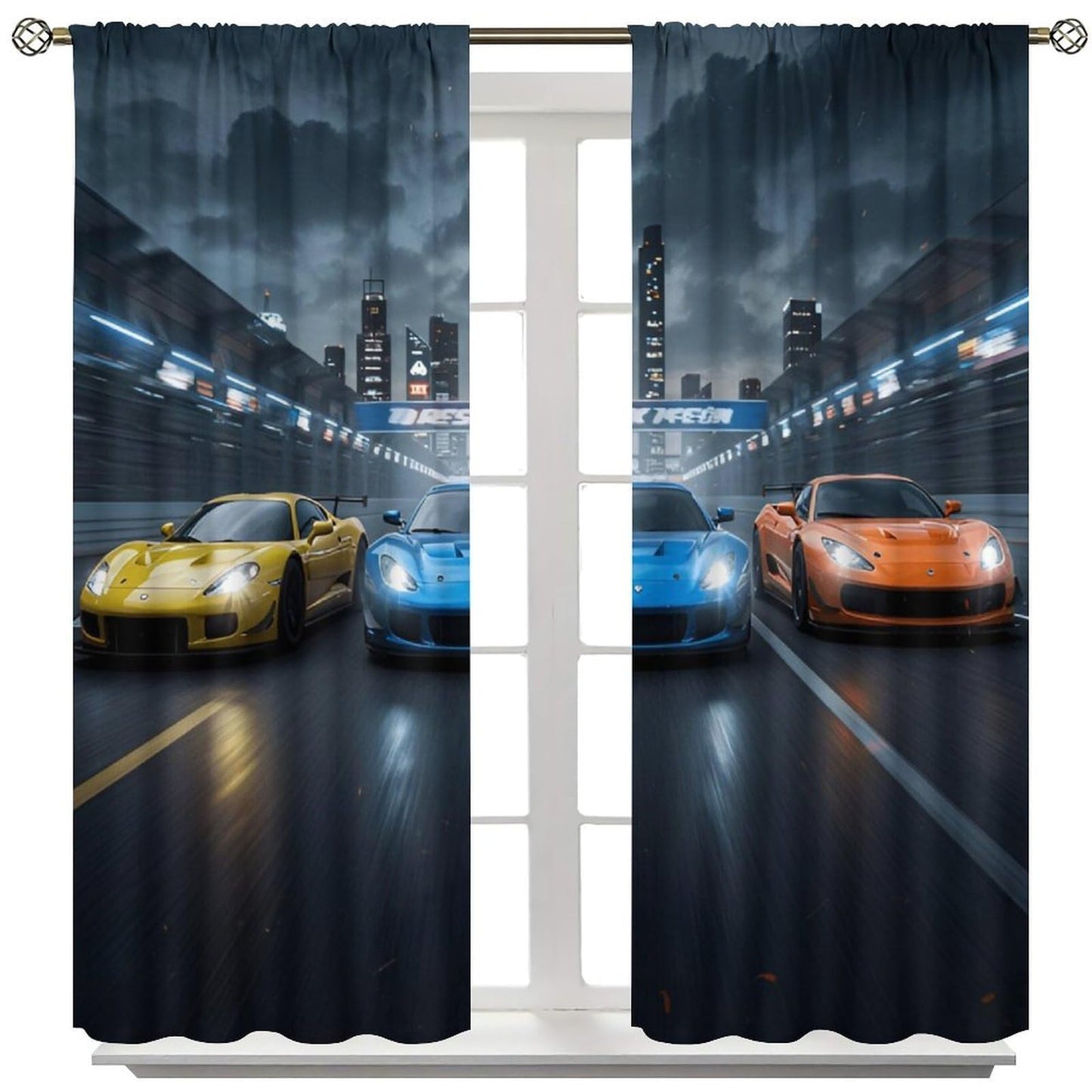 Nsbul Speed Racing Curtain, High-Speed Night City Extreme Sport Cars Cool Design Window Drapes for Kids Boys Bedroom Living Room, 42" W X 45" L (No Blackout)