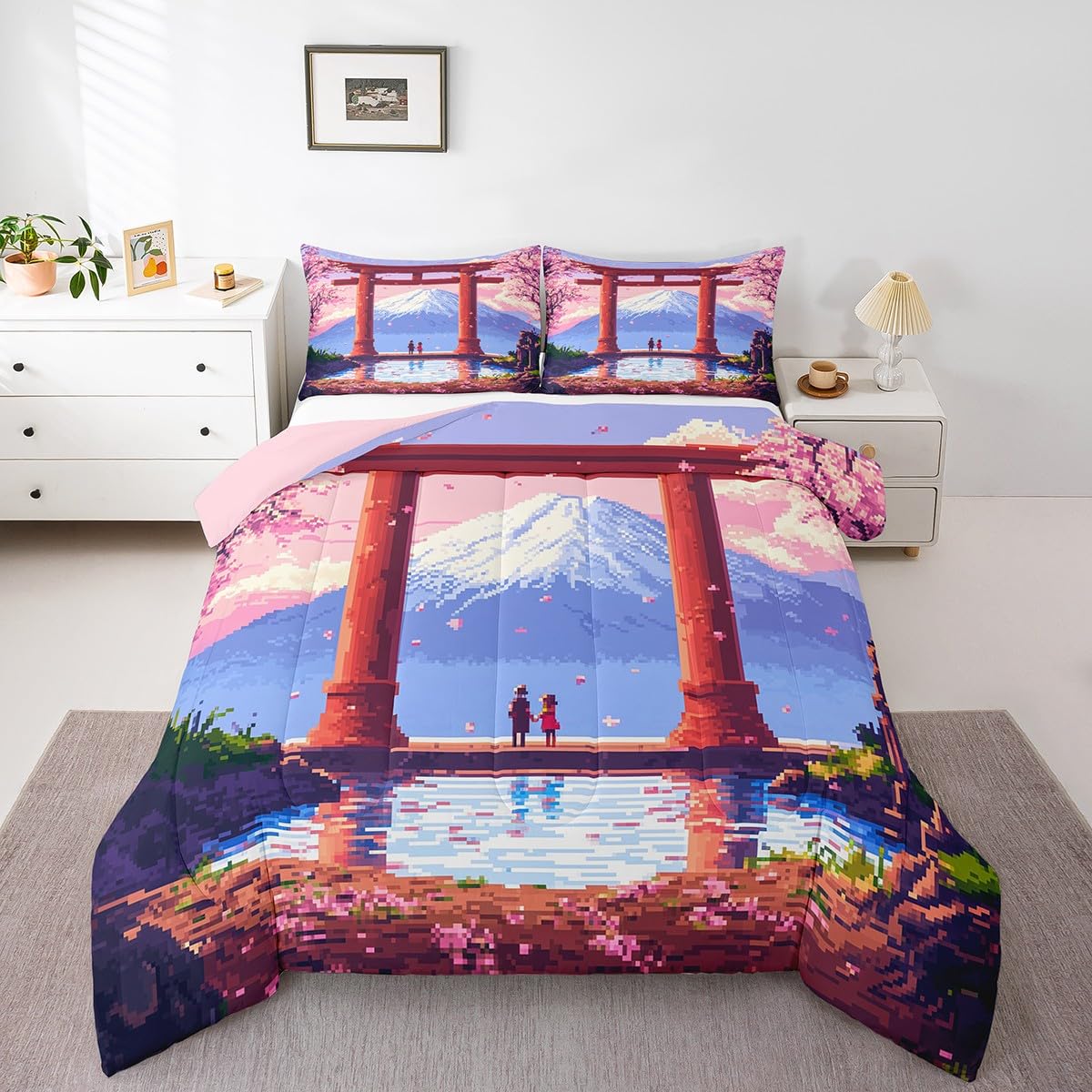 jejeloiu Pink Japan Bedding Set 2Pcs Twin Size Kids Anime Mount Fuji Comforter Set for Boys Girls Pixel Duvet Quilt Soft Lightweight,Microfiber
