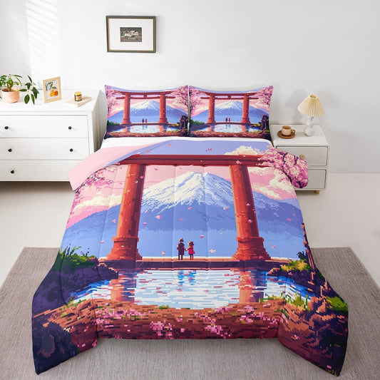 jejeloiu Pink Japan Bedding Set 2Pcs Twin Size Kids Anime Mount Fuji Comforter Set for Boys Girls Pixel Duvet Quilt Soft Lightweight,Microfiber